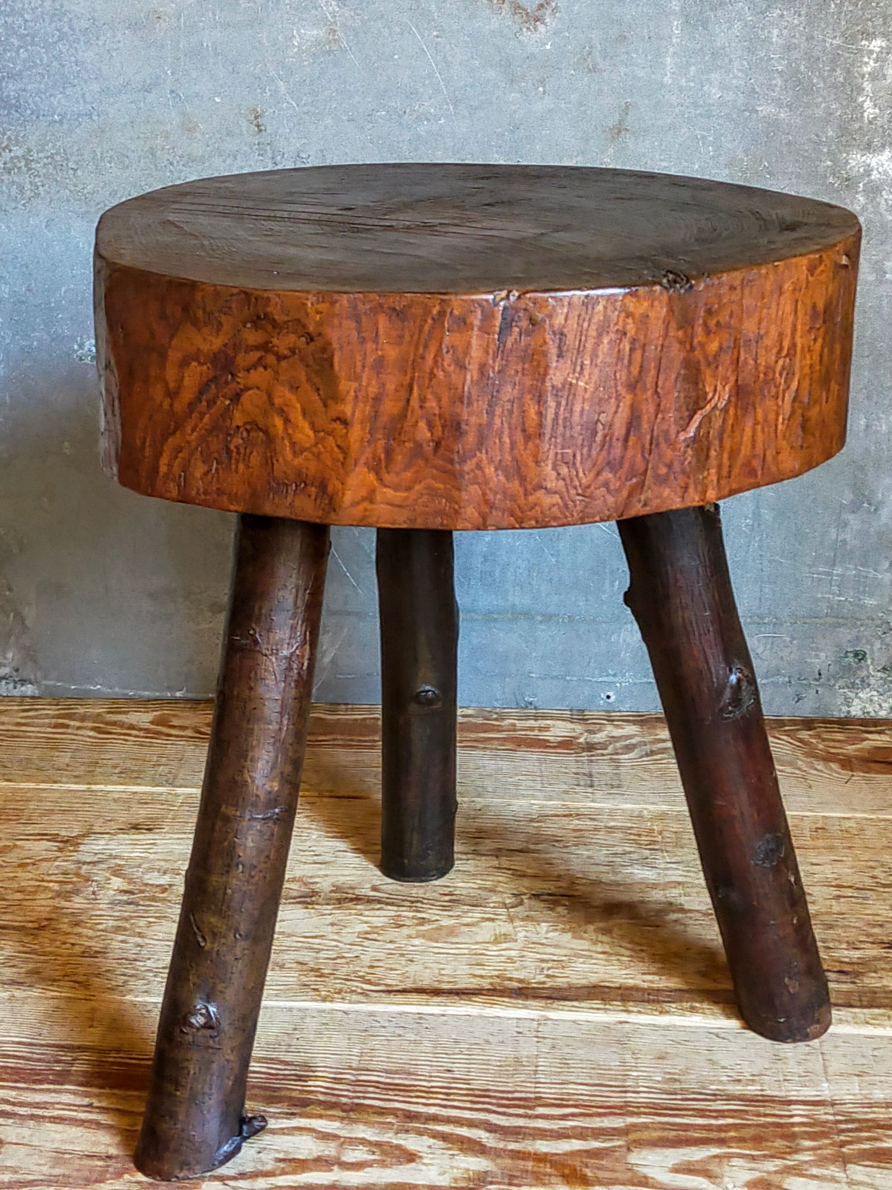 Brutalist tripod stool vintage folk art