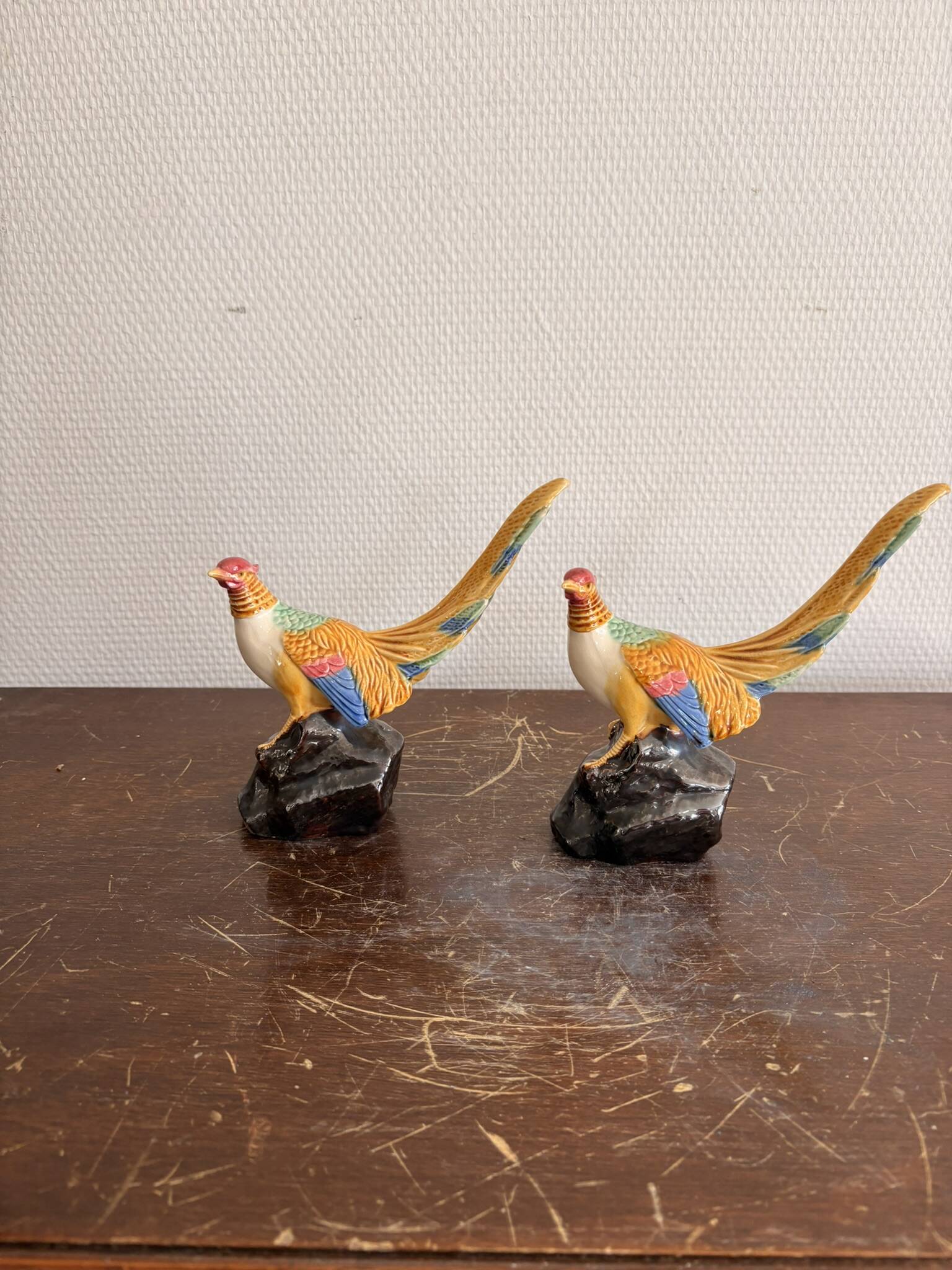 Paire Faisans Barbotine Faïence Art Déco Oiseaux 1930