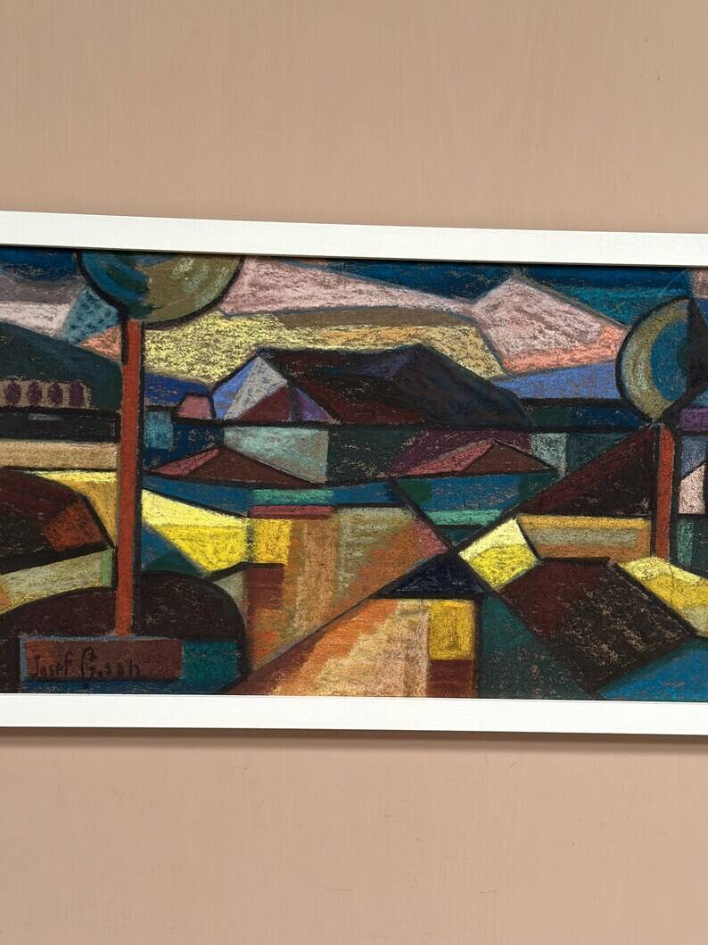 Large oil on panel by Josef Gustafsson, Cubist Landscape, Signed