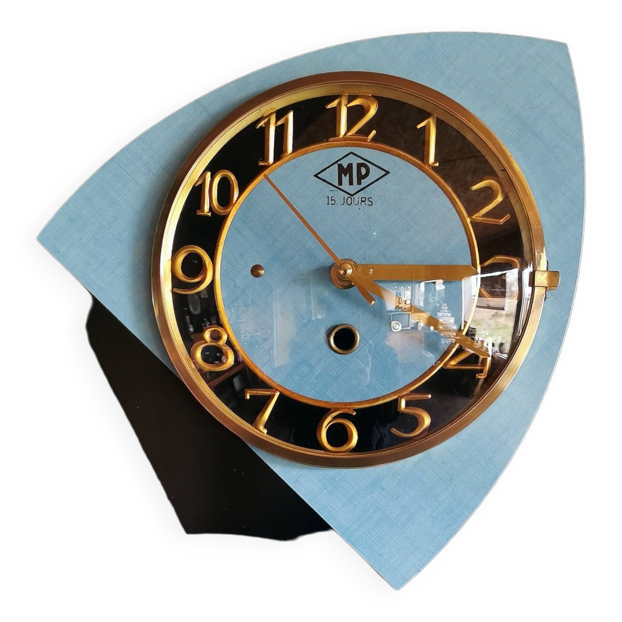 Vintage formica clock silent asymmetrical wall pendulum "MP blue black"