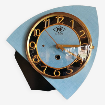 Vintage formica clock silent asymmetrical wall pendulum "MP blue black"