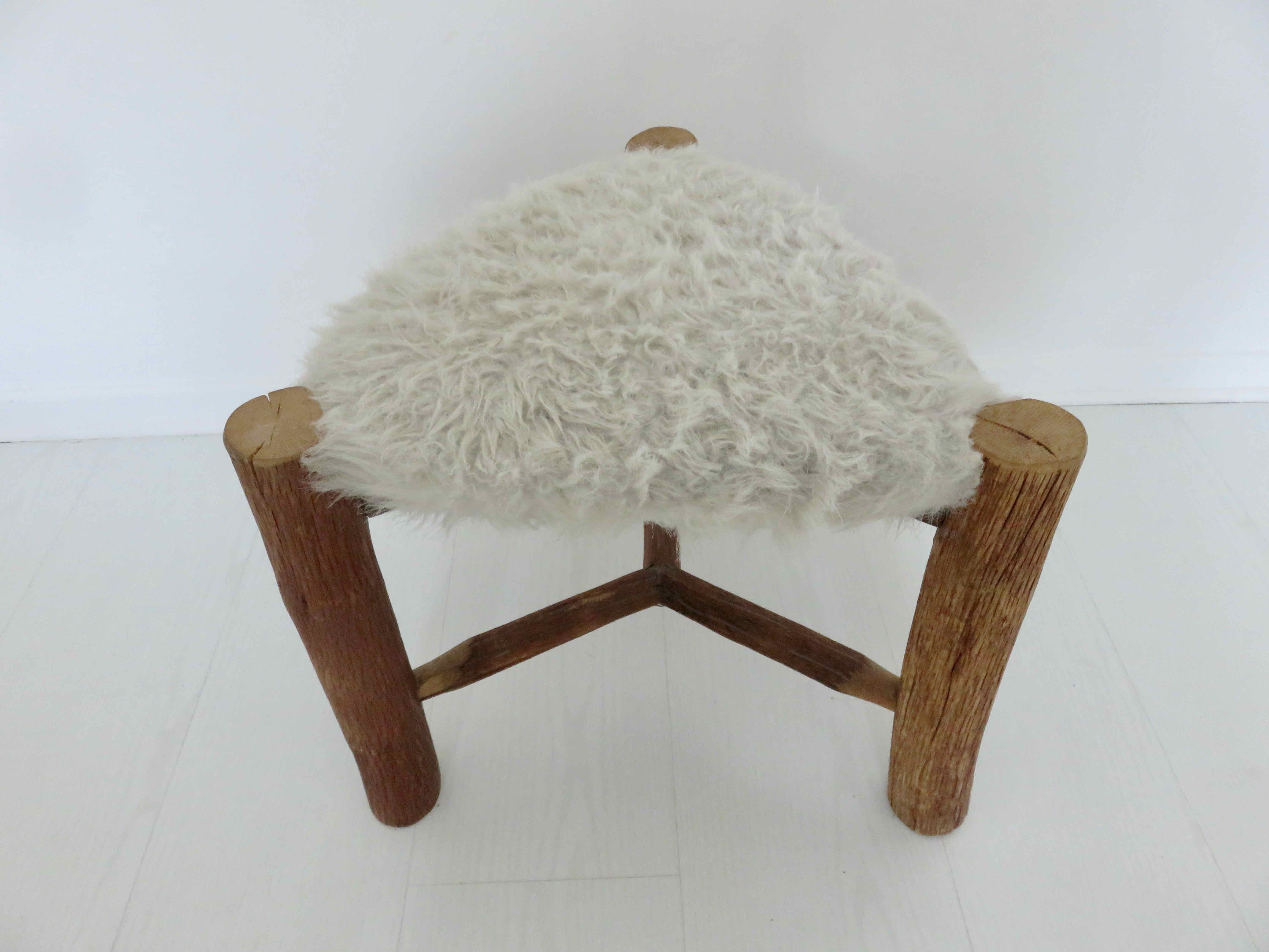 Scandinavian stool "mountain chalet" tripod wood, seat in vintage moumoute