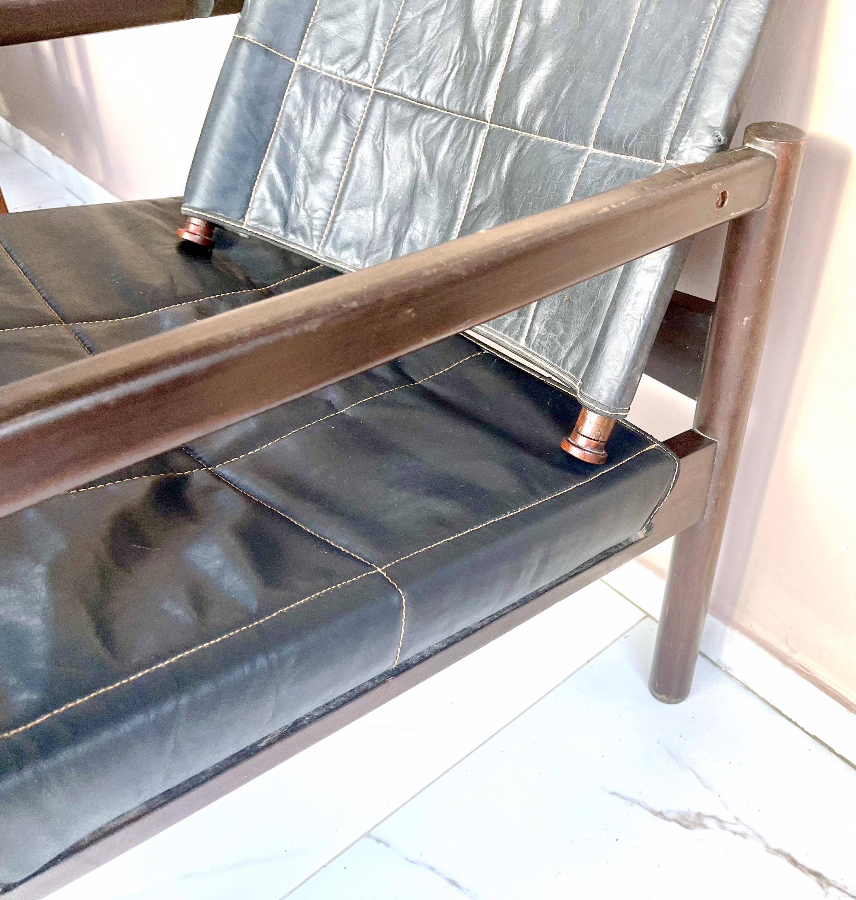 Safari armchair, wood leather, Brazil 1960's