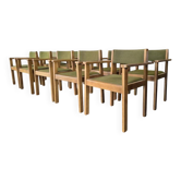 Chaise vintage en bois avec assise et accoudoirs vert olive