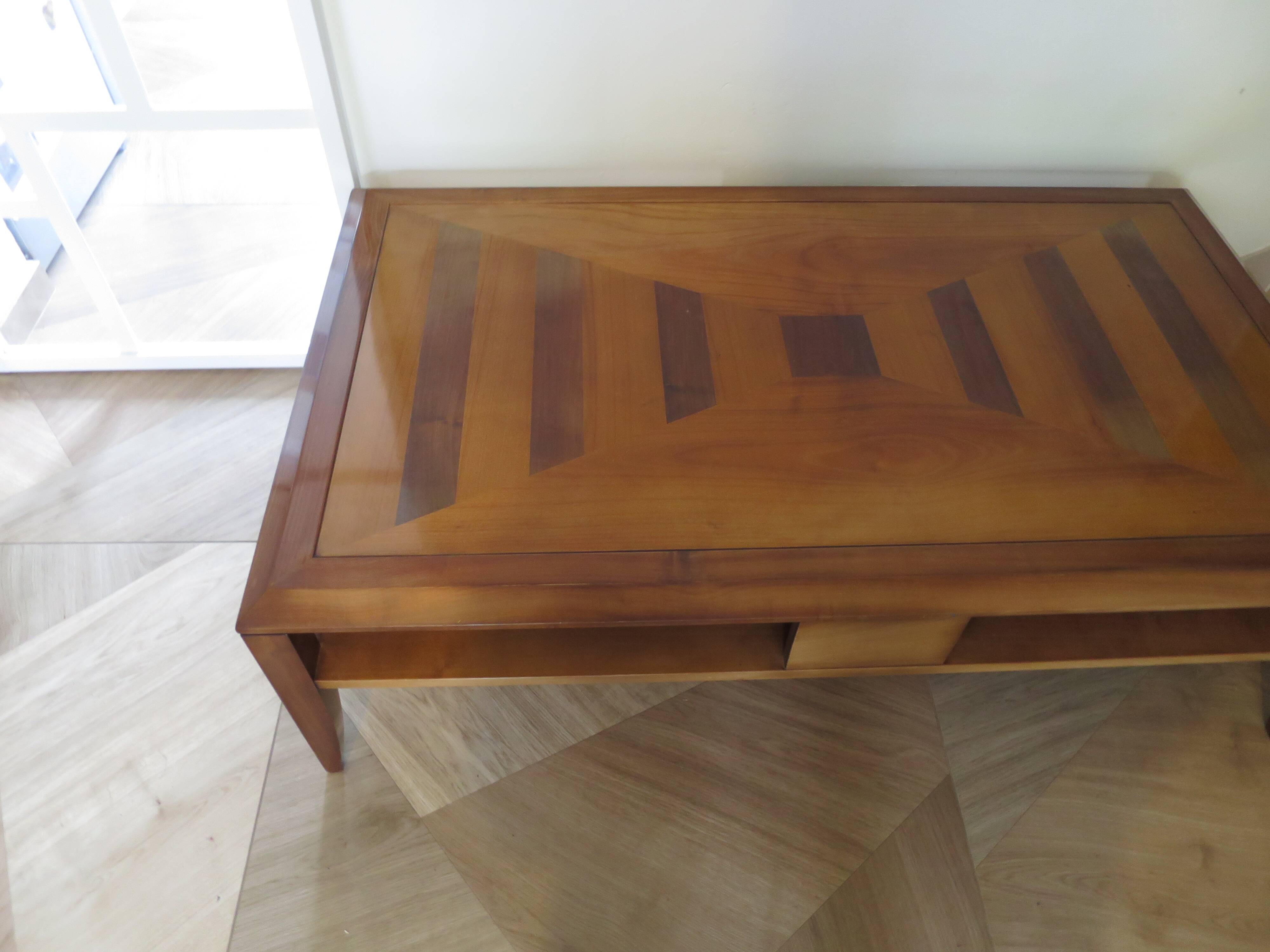 Large coffee table - cherry finish - solid wood - butterfly motifs