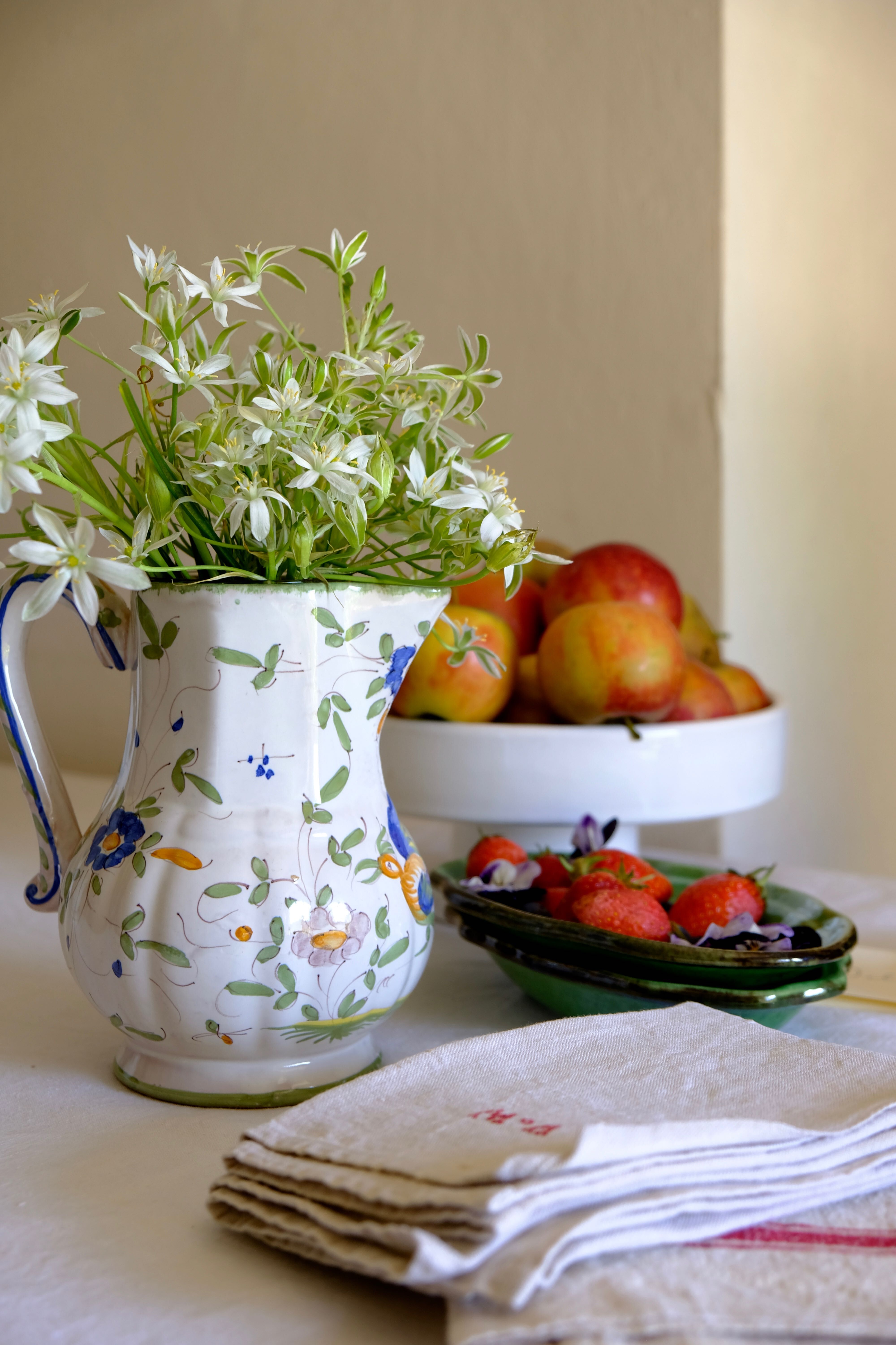 Painted Moustiers earthenware pitcher