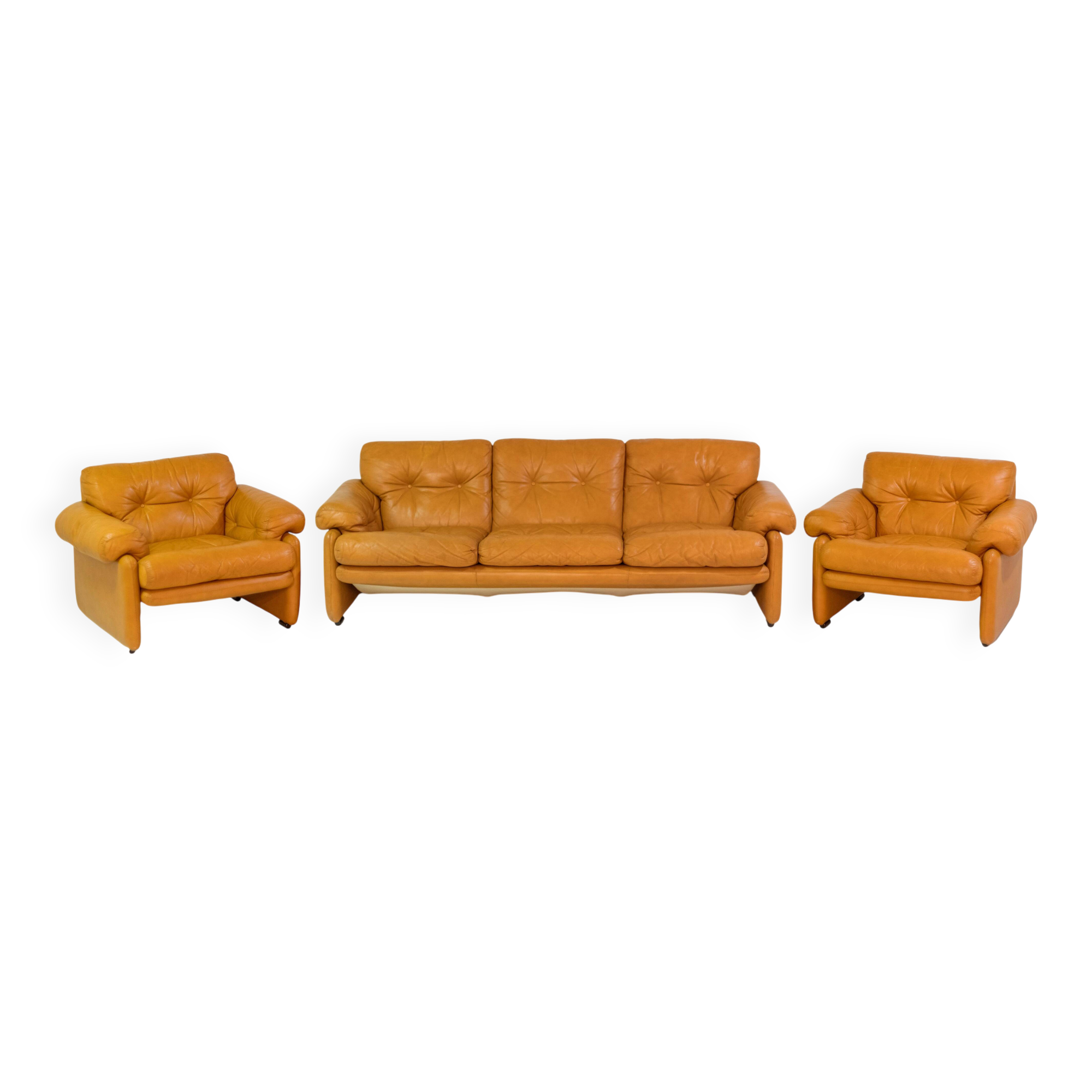 Vintage Coronado Brown Leather Living Room Set Tobia Scarpa Labeled C&B Ita