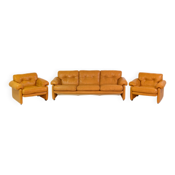 Vintage Coronado Brown Leather Living Room Set Tobia Scarpa Labeled C&B Ita