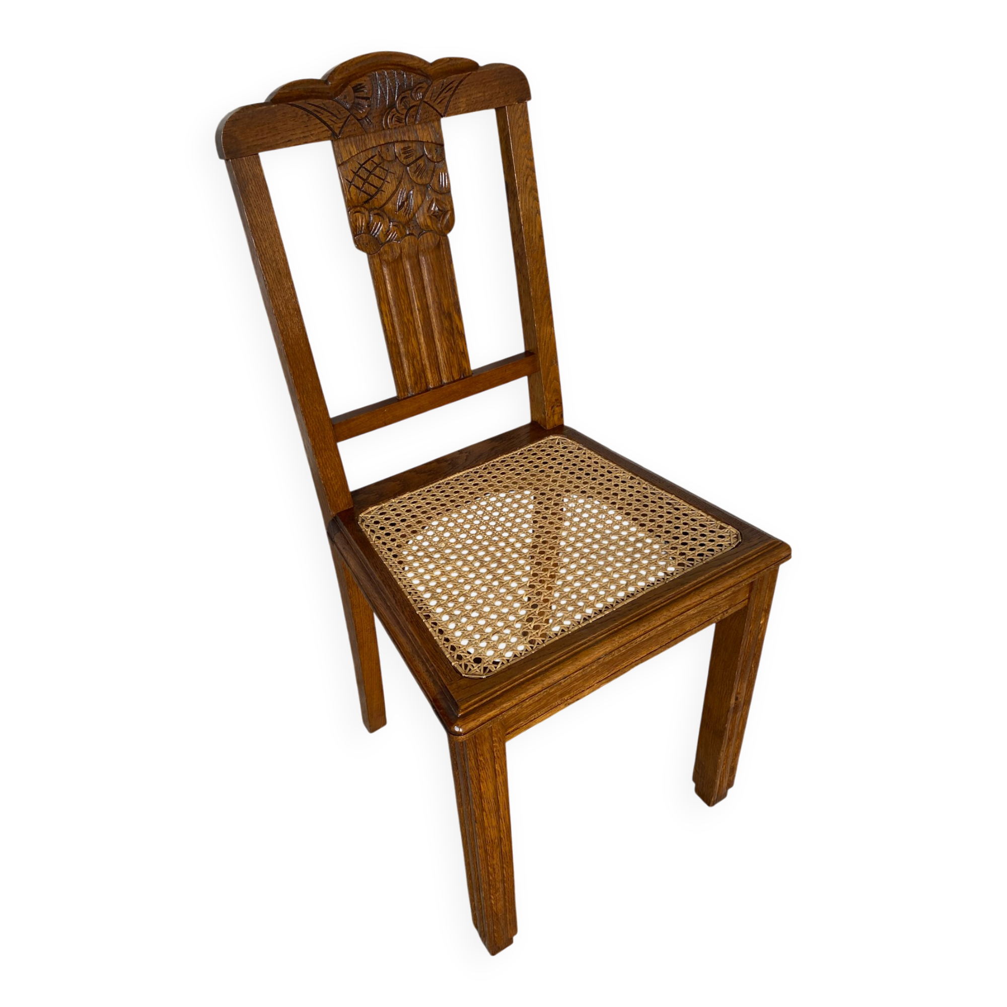 Vintage Art Deco Chair Wood & Cane Seat #E088
