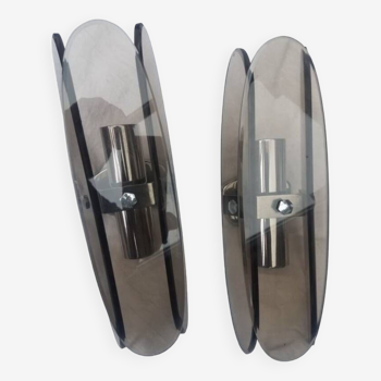 Pair of smoked glass wall lights by Veca 1960