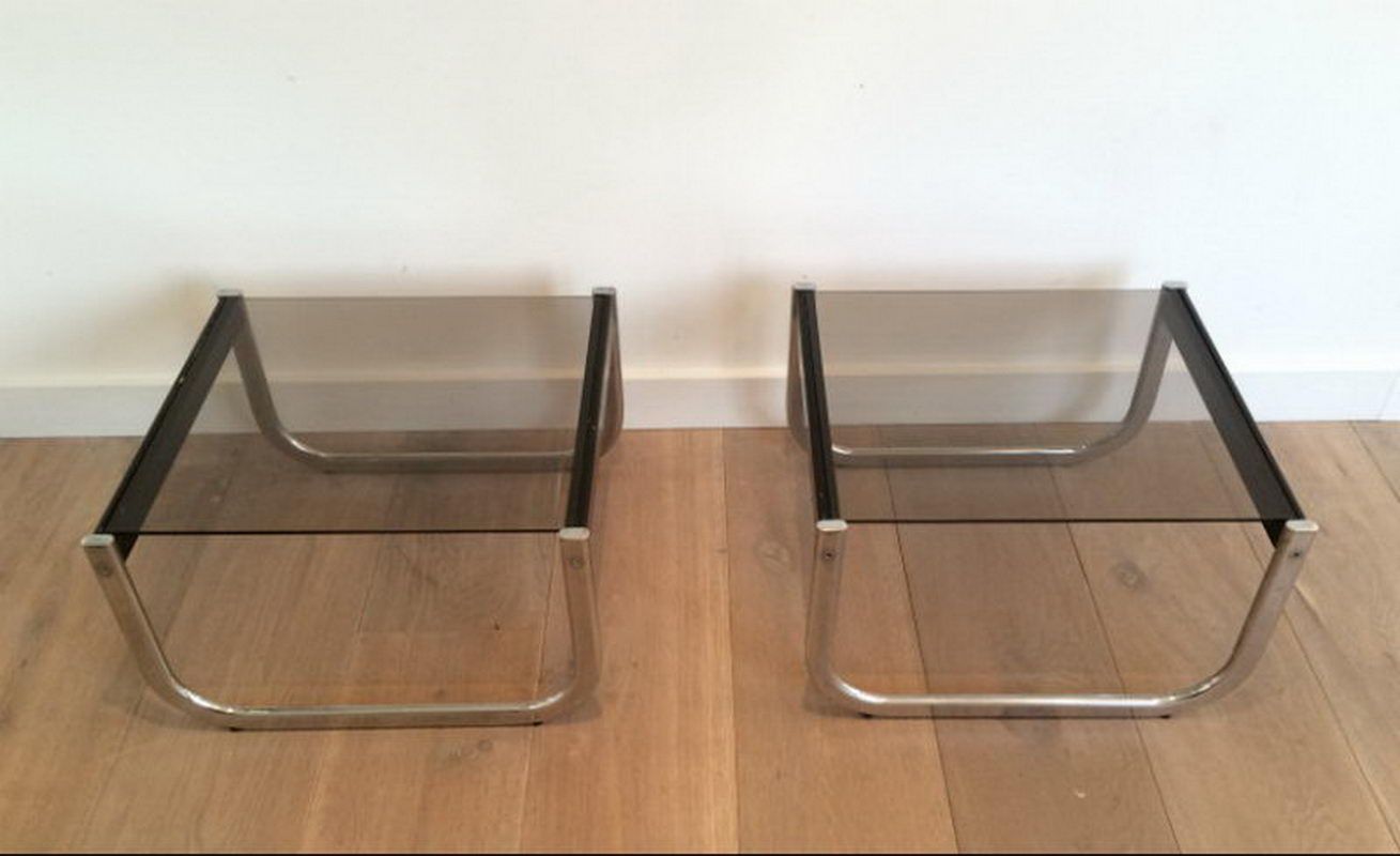 Pair of side tables in chrome, blackened wood and glass