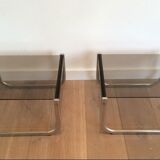 Pair of side tables in chrome, blackened wood and glass