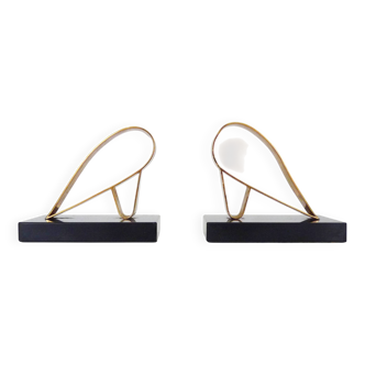 Paire de serre-livres Moderniste Art Déco Gold Starry sur socle en marbre