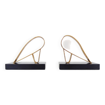 Paire de serre-livres Moderniste Art Déco Gold Starry sur socle en marbre
