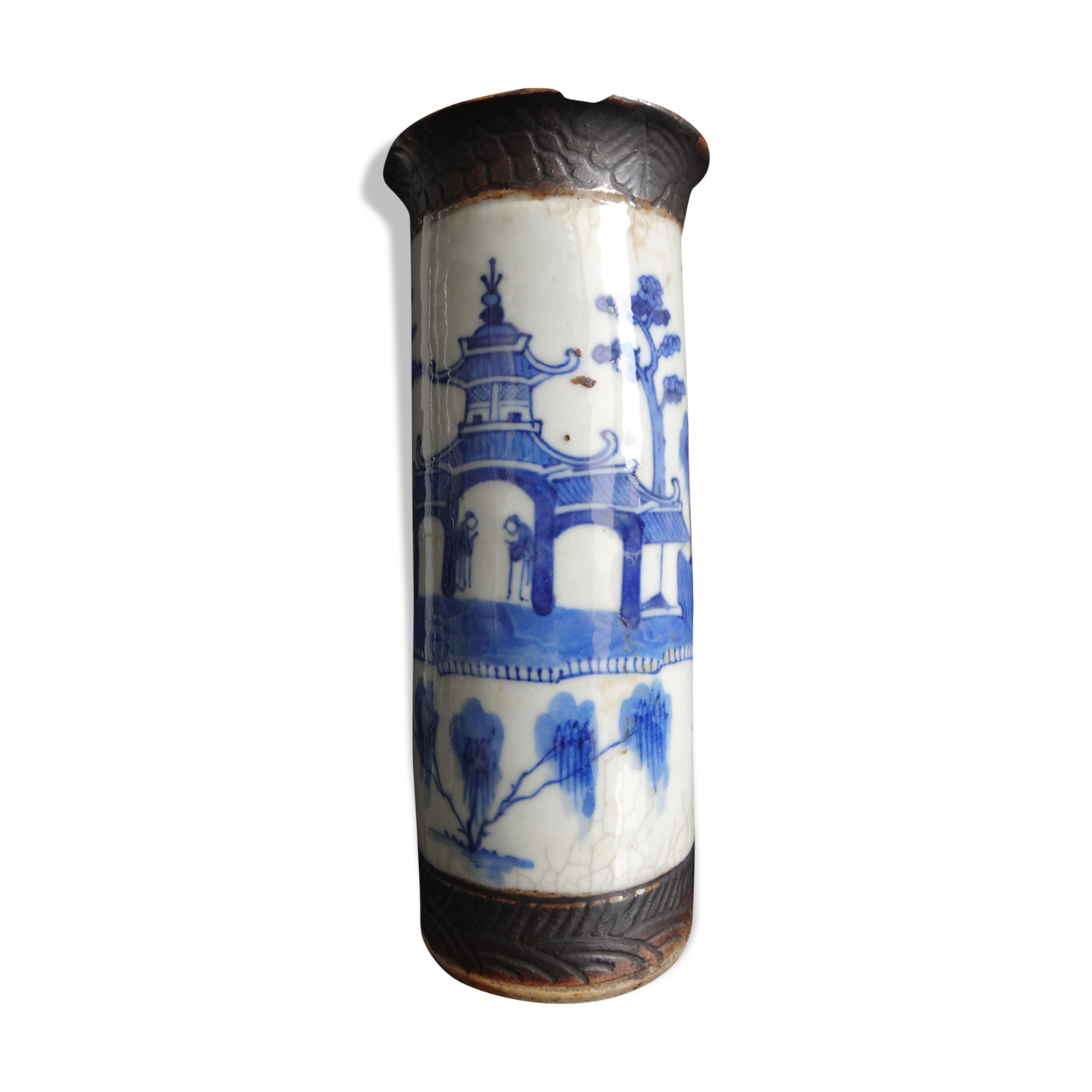 Ancien vase rouleau chinois nankin chine blanc bleue porcelaine Qing