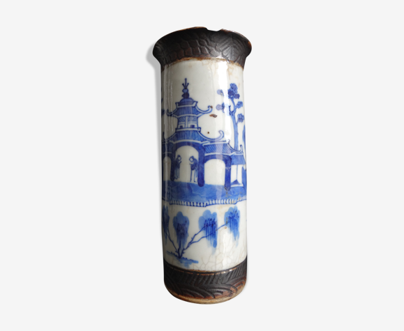 Ancien vase rouleau chinois nankin chine blanc bleue porcelaine Qing XIX marque