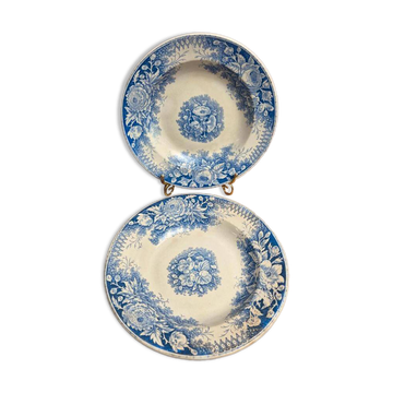 Lot de 2 assiettes creuses en terre de fer Sarreguemines – Modèle Jardinière – Décors variés