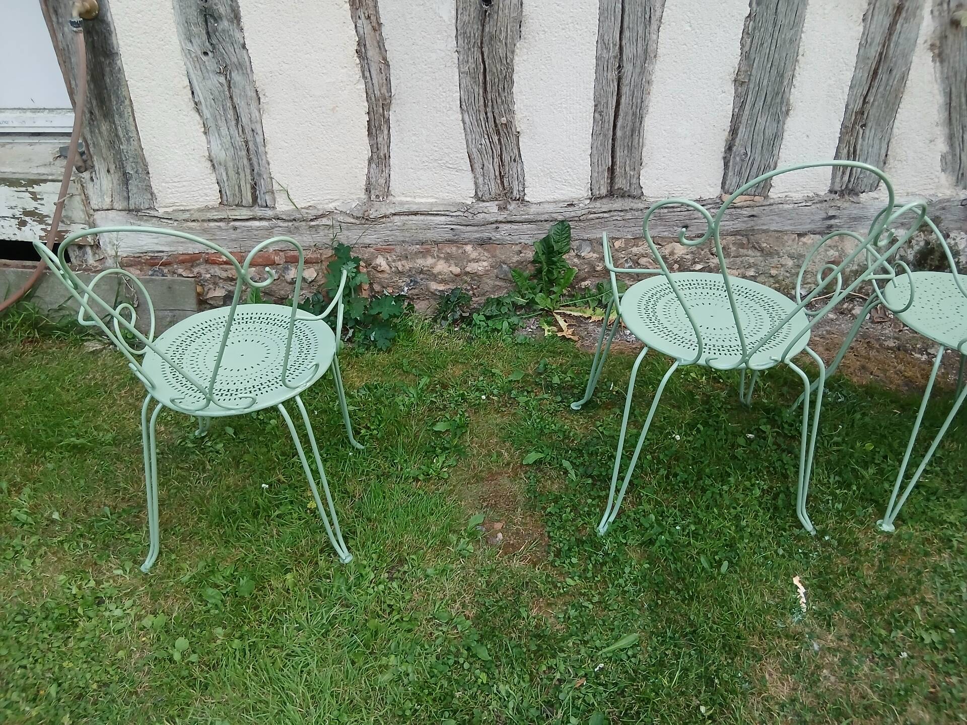 Salon de jardin 1 table 4 fauteuils fer forgé ancien vert Provence