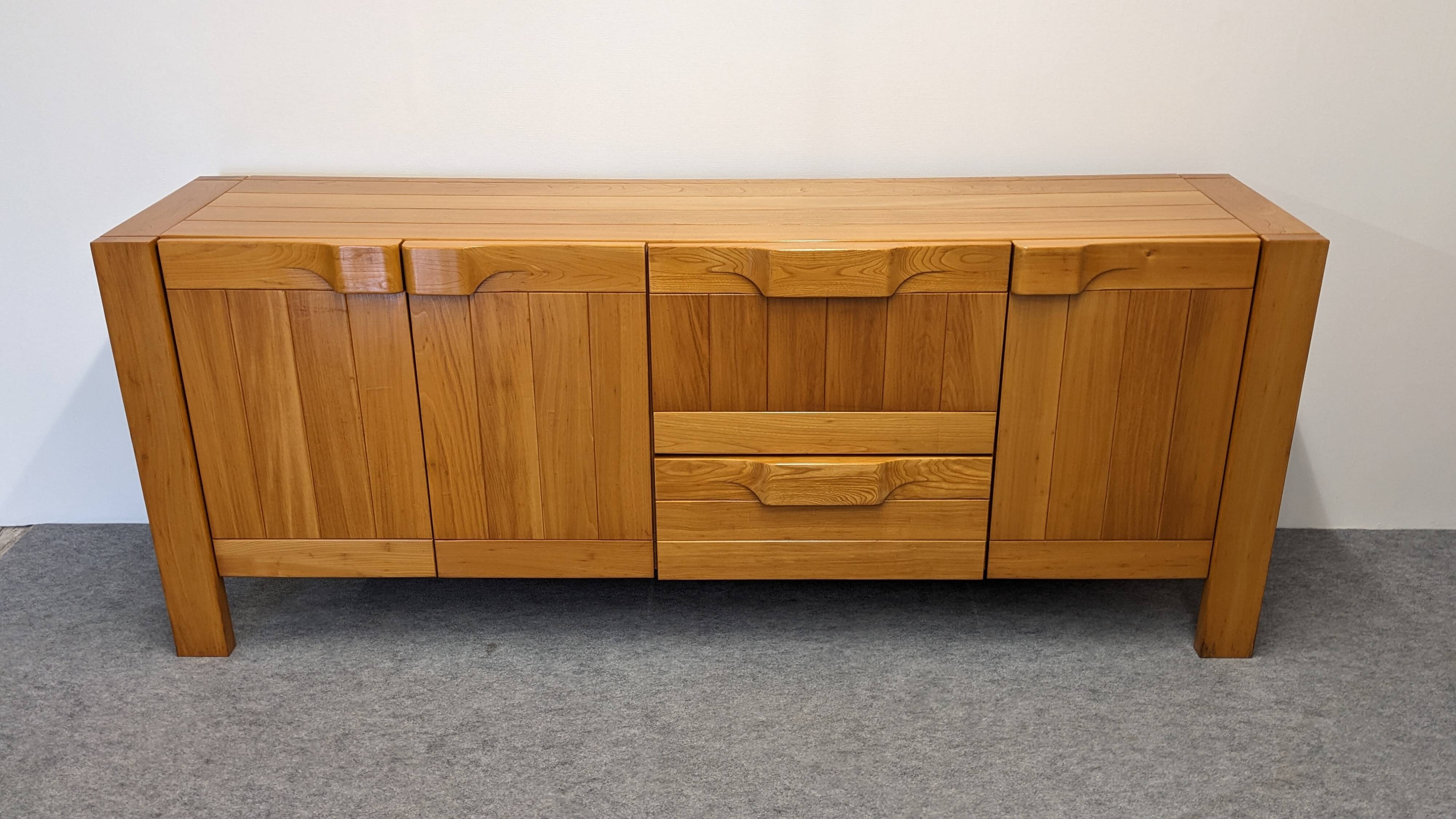 Solid elm sideboard, Maison Regain, France, circa 1970