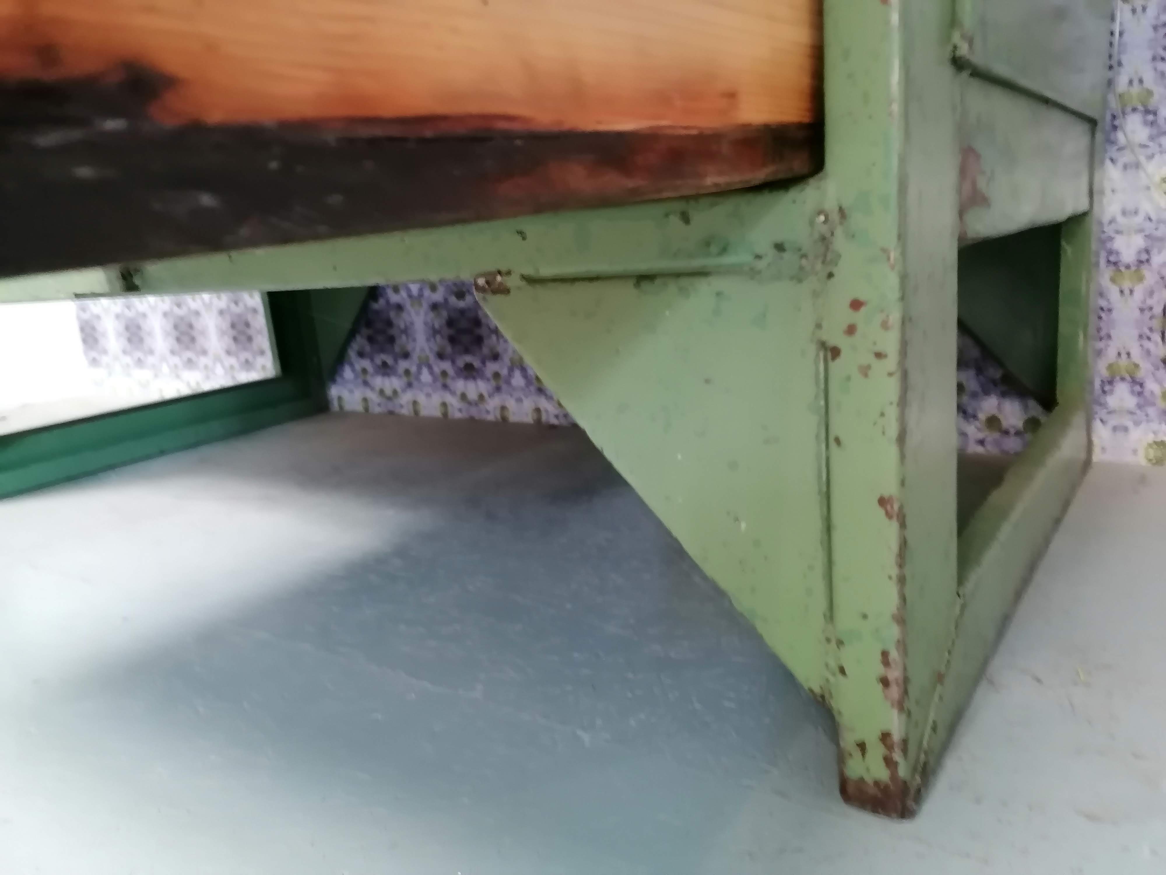 Old wooden garage workbench, industrial vintage.