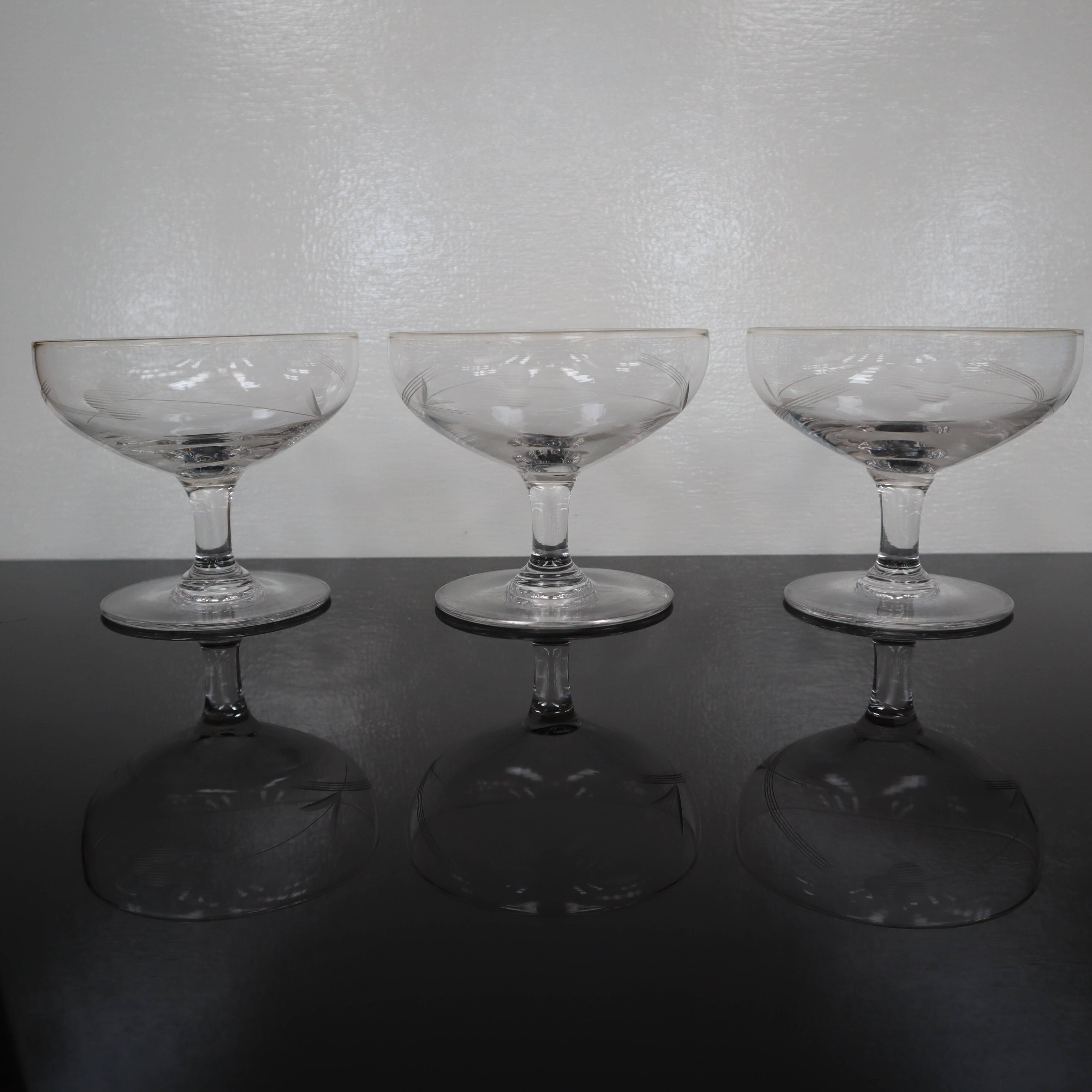 3 Art Deco champagne glasses in engraved glass