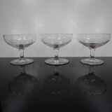 3 Art Deco champagne glasses in engraved glass