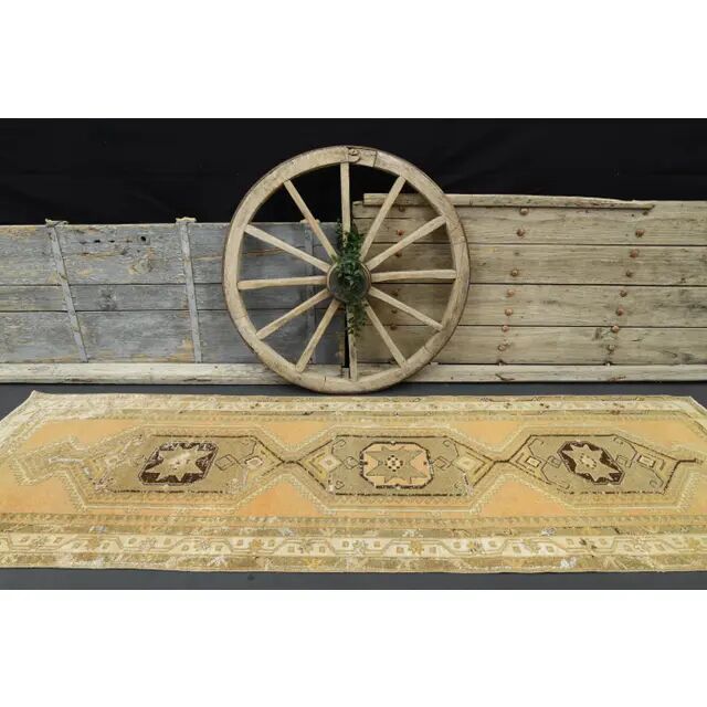 1970s Turkish Oushak Handmade Wool Cotton Orange Runner 109x337