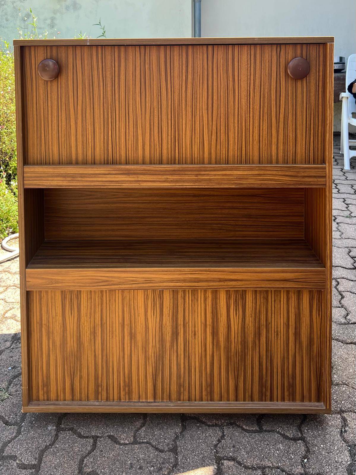 Vintage foldable bedside table in zebra wood – 1970s