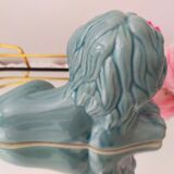 Ashtray vintage ceramic zoomorphic "lion" glaze light blue vintage of the 50s