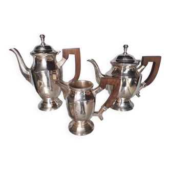 Coffee set art deco metal silver wooden handle