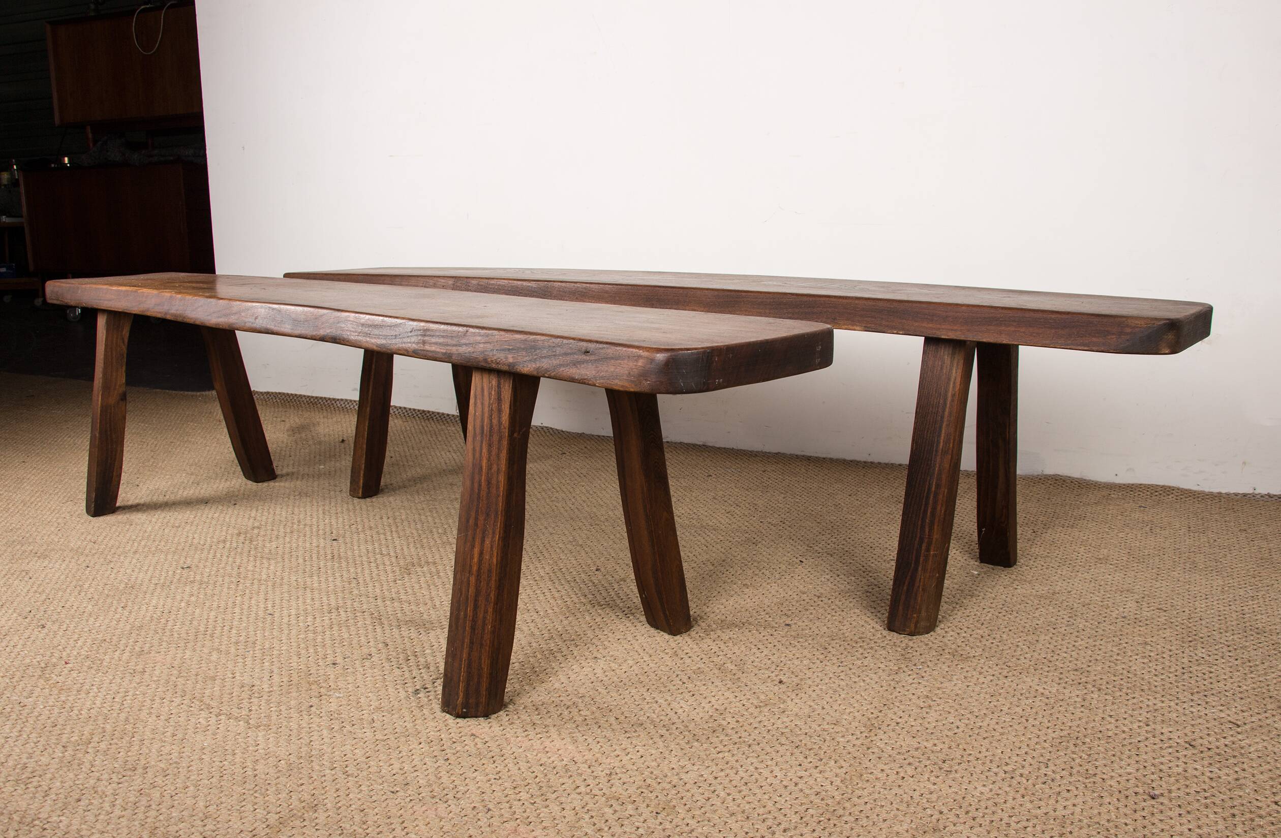 Pair of Scandinavian benches in Solid Elm by Olavi Hanninen 1960.