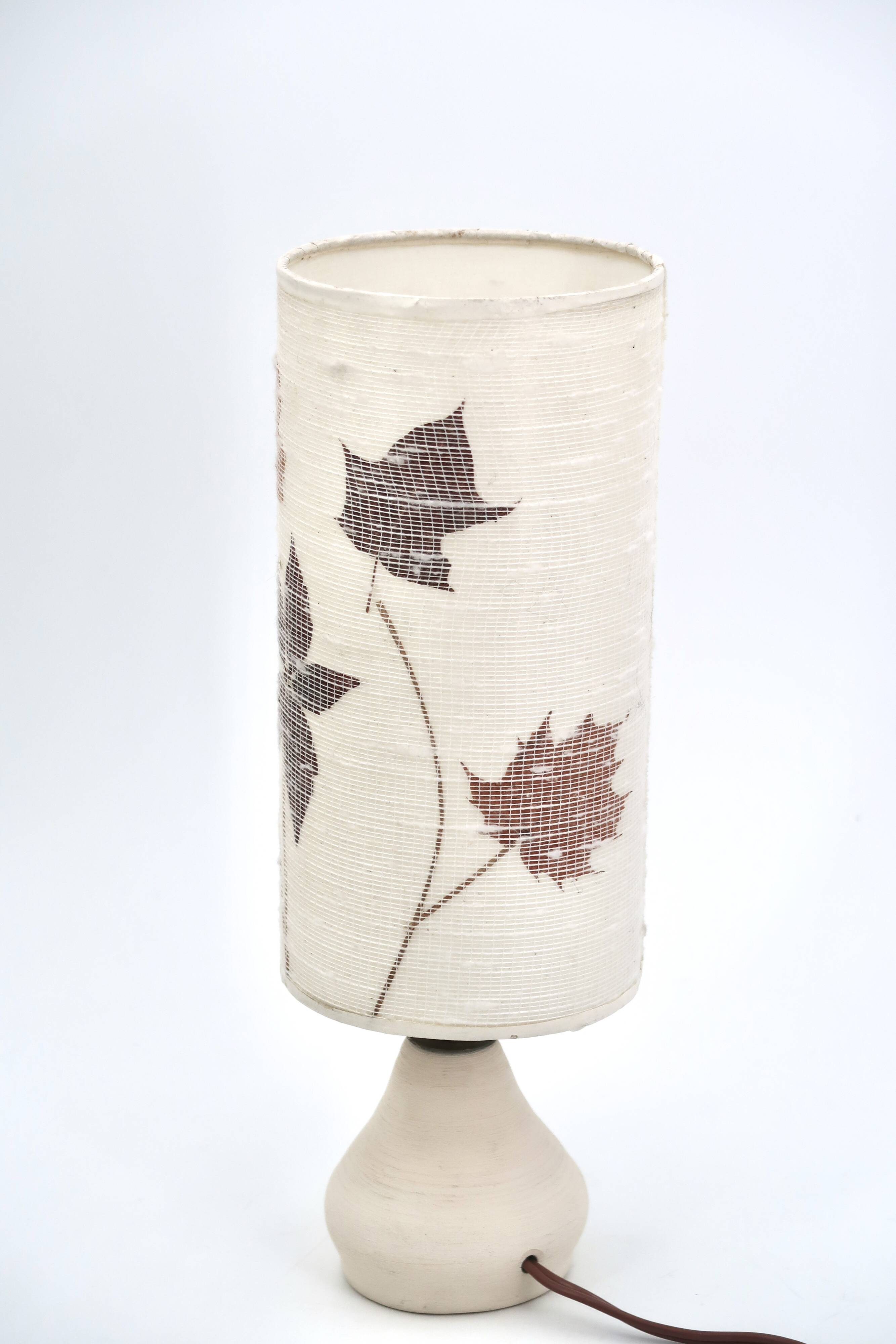 White ceramic lamp, herbarium-style lampshade, 1960s.