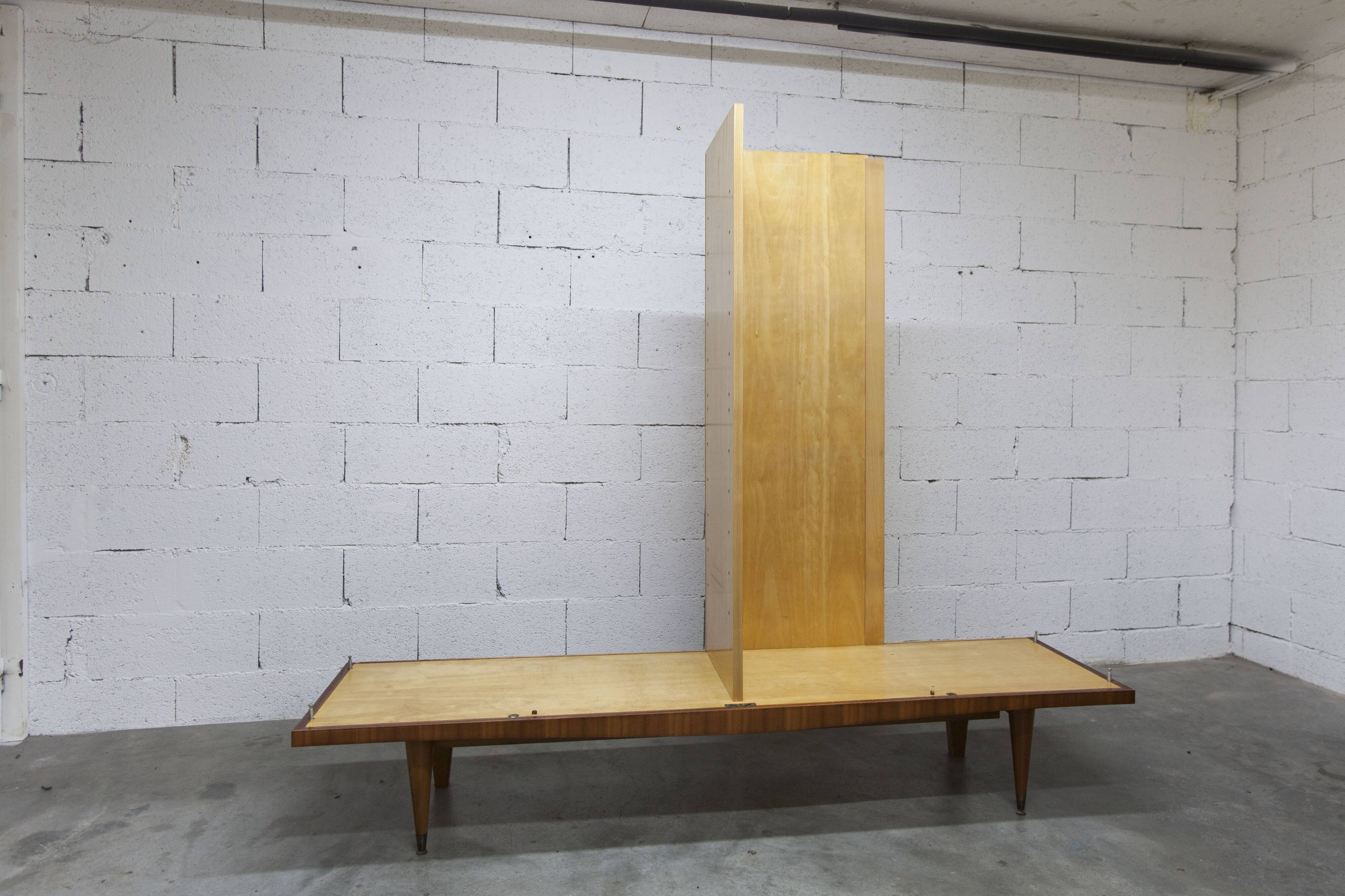 1960s Scandinavian wardrobe, blonde varnished wood, unusual, 4 doors, 3 drawers, 7 shelves.