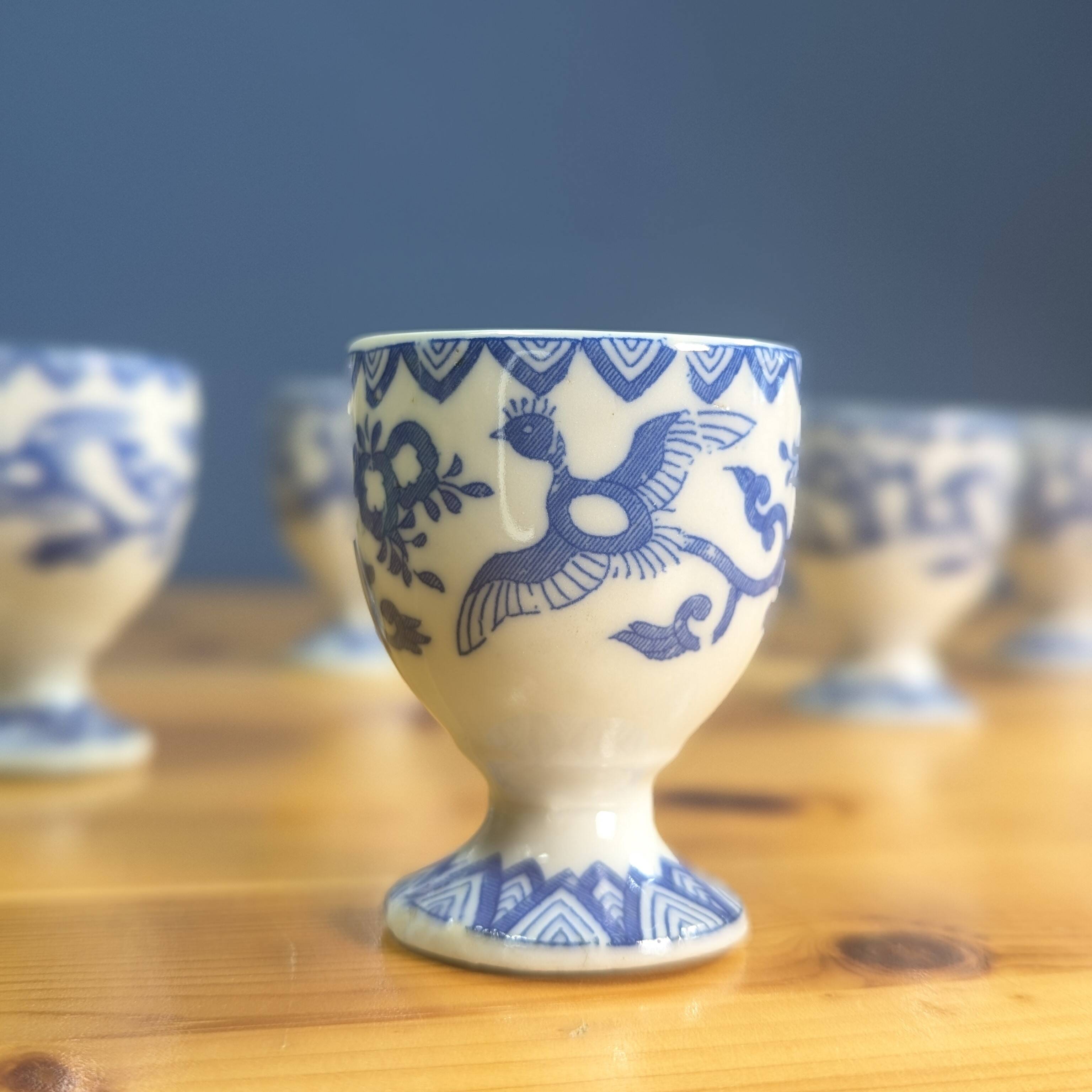 6 Japanese porcelain egg cups signed with blue bird flower geometry patterns