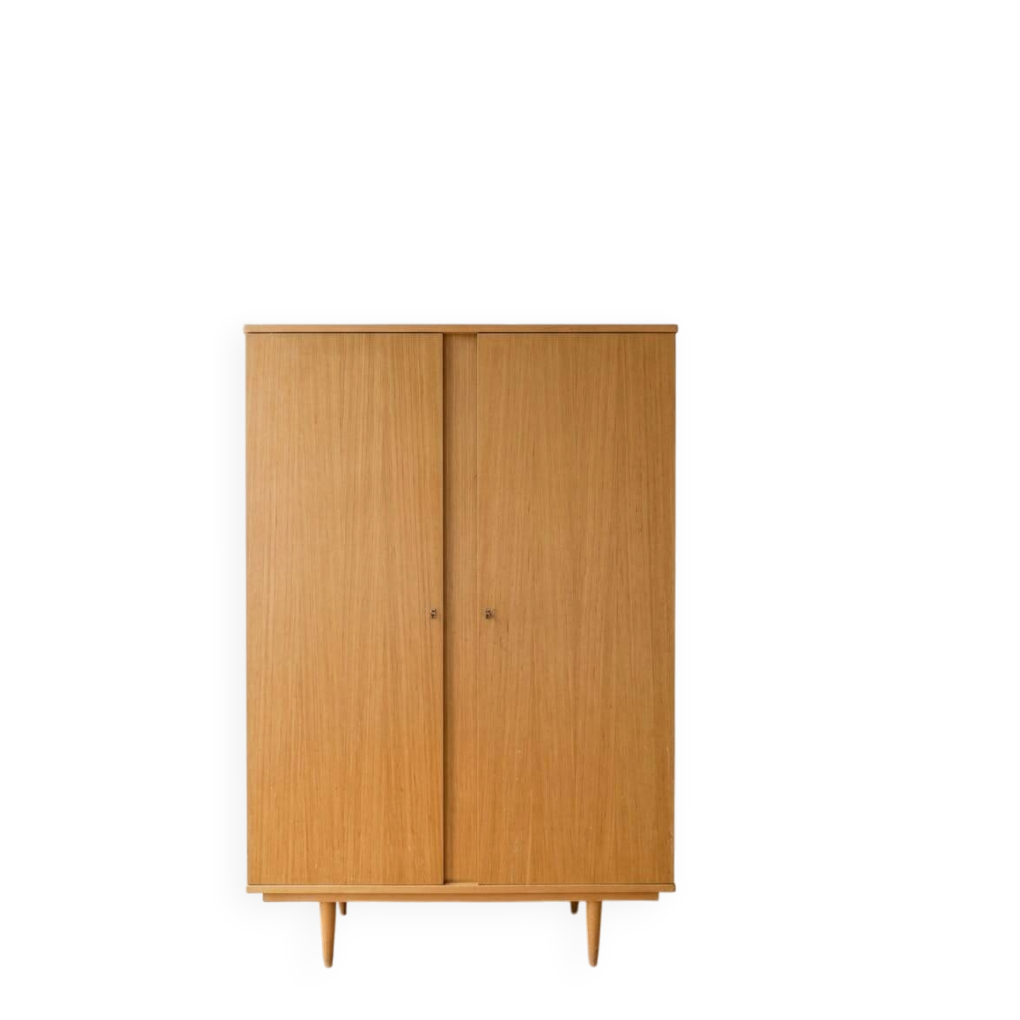 Vintage 1950s cabinet with tapered legs, wood.