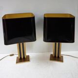 Paire de lampes de table JLB Hollywood Regency en laque noire et laiton doré, 1970s