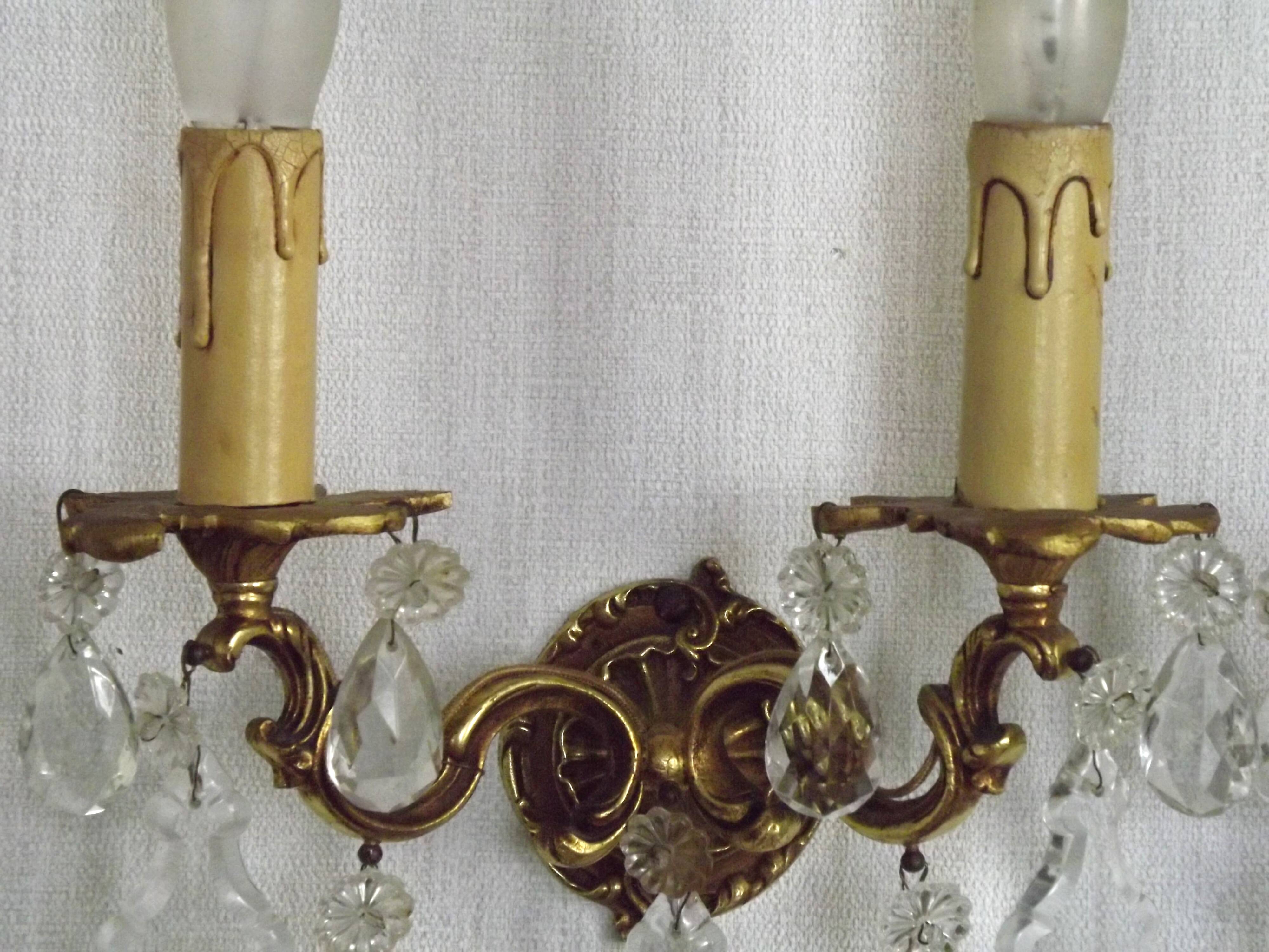 Pair of French Vintage Double Bronze Crystal Wall Lights with Acanthus Detail