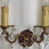 Pair of French Vintage Double Bronze Crystal Wall Lights with Acanthus Detail
