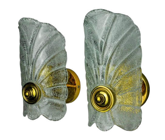 Pair of frosted leaf sconces, murano glass, italy, 1970