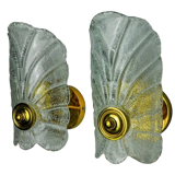 Pair of frosted leaf sconces, murano glass, italy, 1970