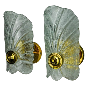 Paire d'appliques feuilles givrées, verre murano, italie, 1970
