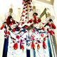 Antique chandelier with red crystal pendants, 9 lights.