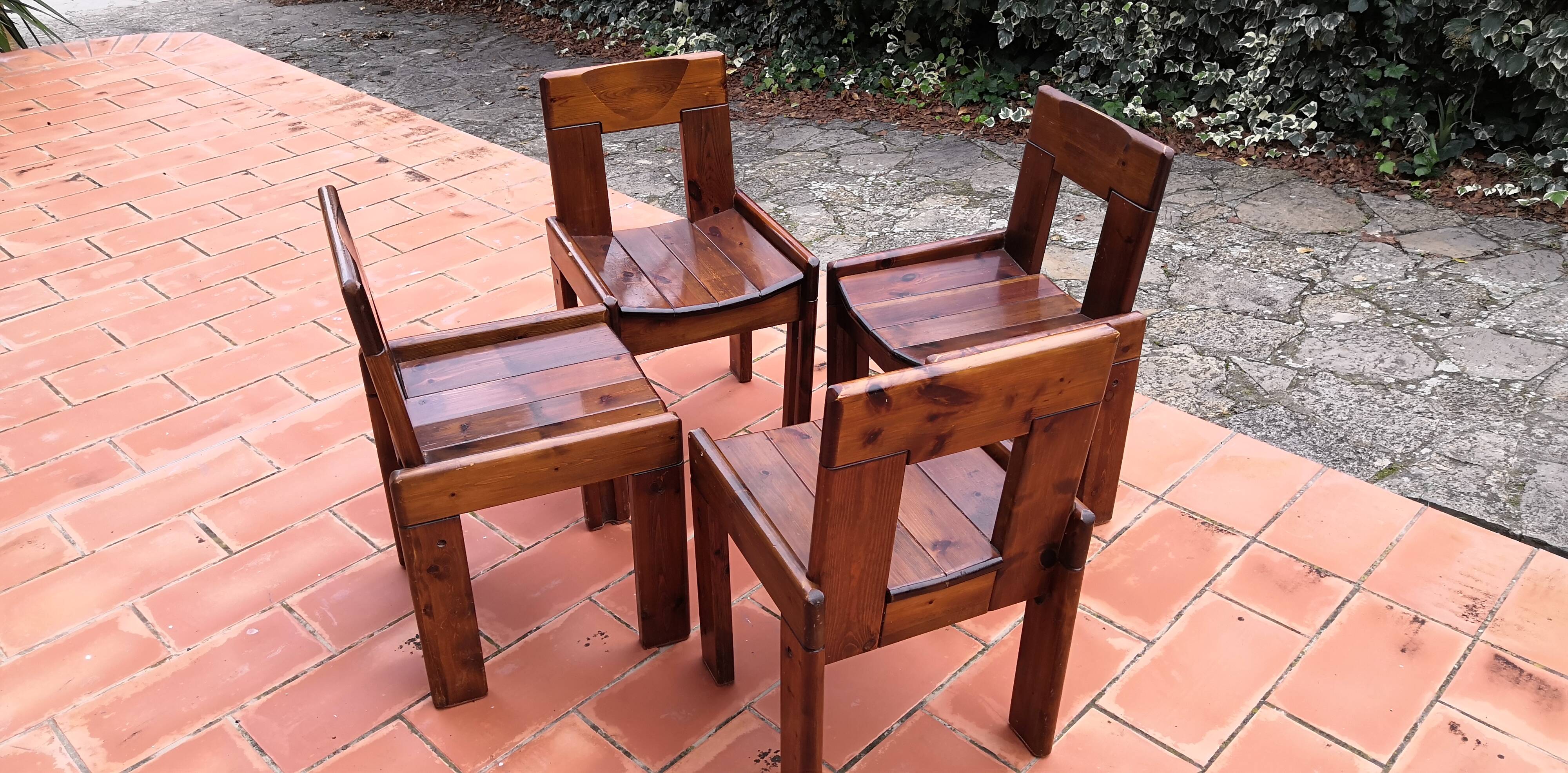 Brutalist Solid Pine Chairs Set of 4, 70s