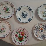 Set of 6 old plates, earthenware with flower theme