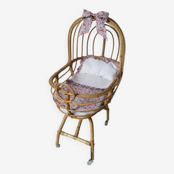 Rattan doll's cradle bed, old, restored, Liberty style fabric, 70s