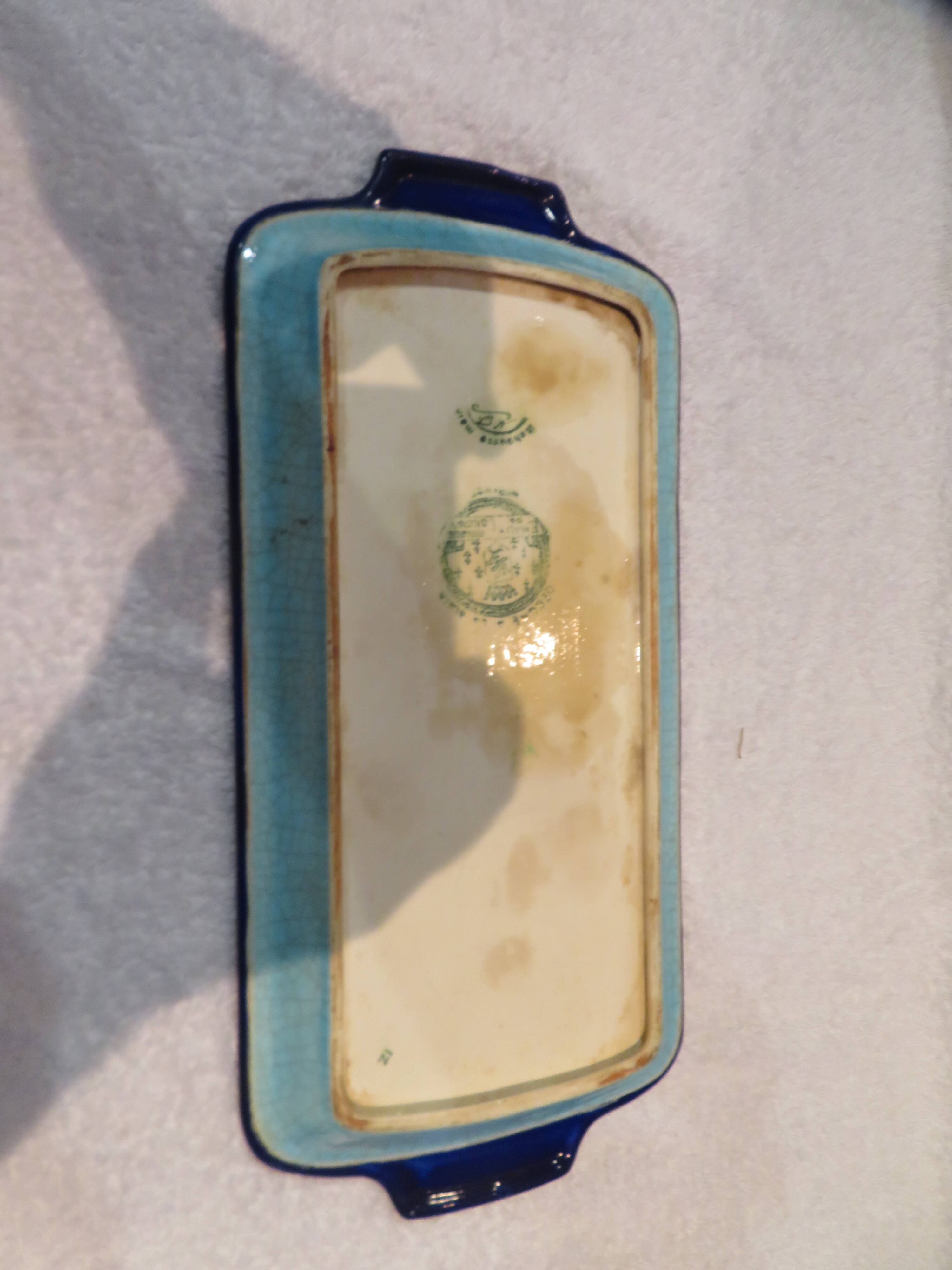 Plat à cake émaux de longwy style art deco décor oiseaux fond bleu clair