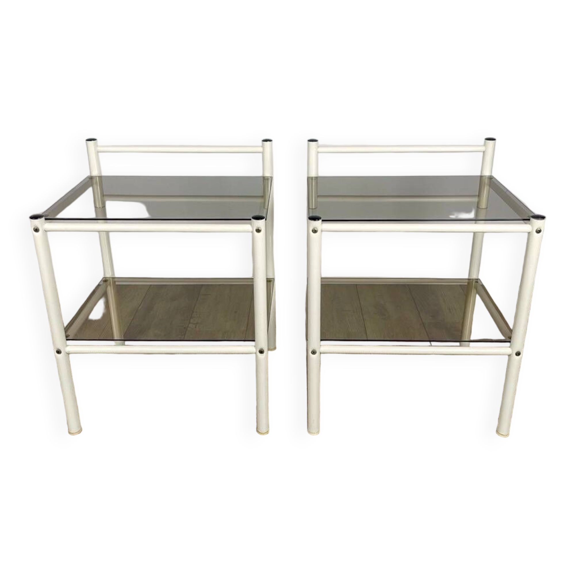 Pair of metal bedside tables and double smoked glass top from the 80s