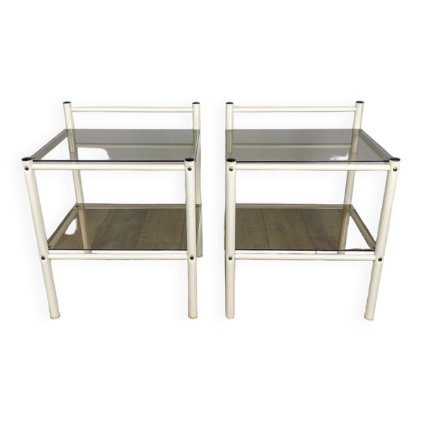 Paire de chevets métal et double plateau verre fumé années 80