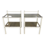 Pair of metal bedside tables and double smoked glass top from the 80s