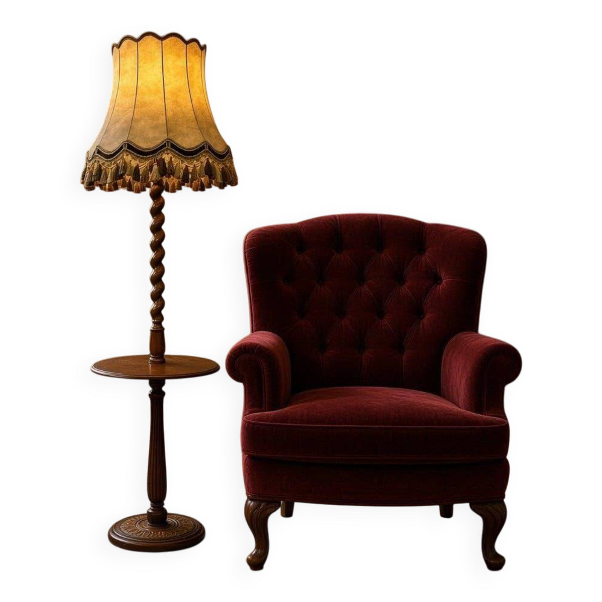 Lampadaire vintage en bois avec abat-jour à franges